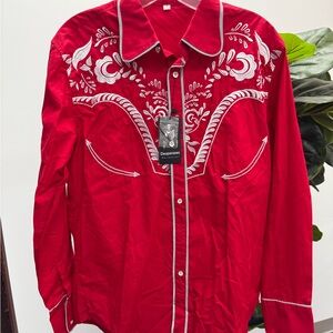 Daupanzees Red Western Shirt with White Embroidery